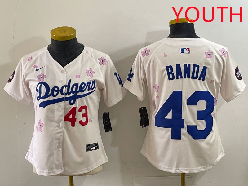 Youth Los Angeles Dodgers 43 Banda Cream Sakura Edition 2025 Nike MLB Jersey style 34
